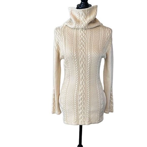 Creme Cable Knit Long Pullover Turtleneck Fisherman Warm Sweater S - Picture 1 of 5